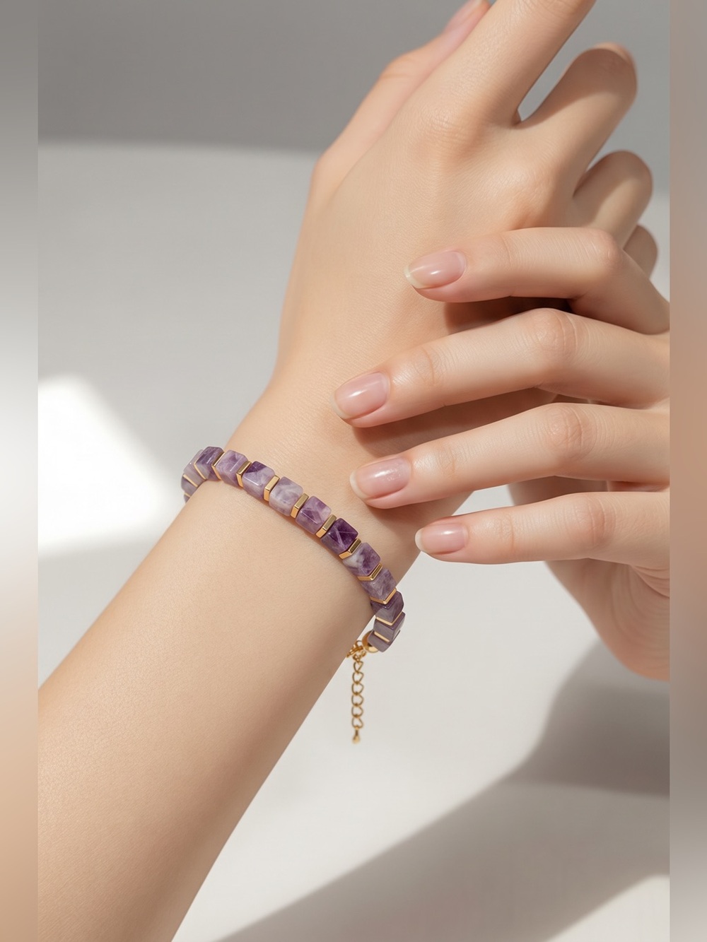 Amethyst Natural Gemstone/ Square Amethyst Beaded Bracelet with Gold Accent.